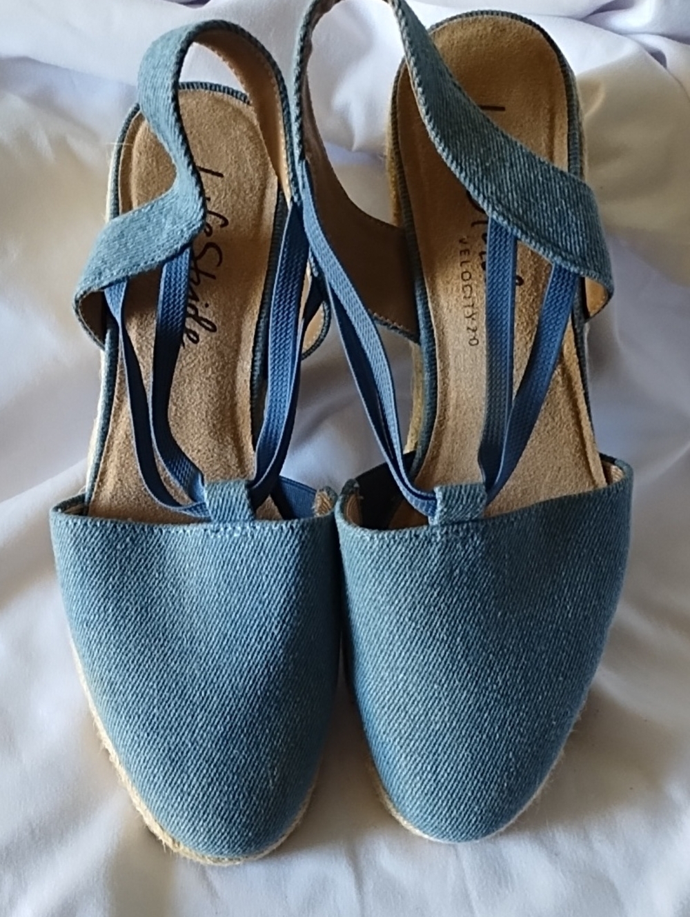 Life Stride Denim Blue Canvas Espadrille Wedge Sandals